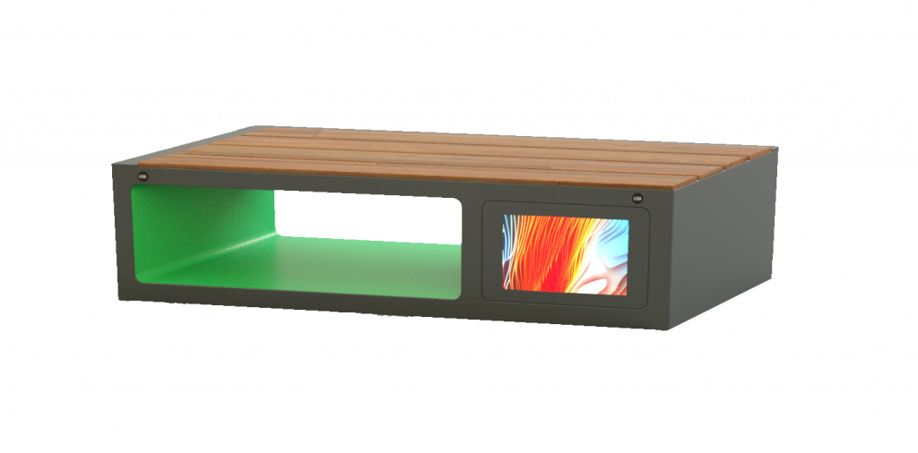 Wood Pro Plus | Geltech-Akku | 4 USB-Anschlüsse | LED-Umgebungsbeleuchtung | Lightbox | 2 kontaktlose Ladegeräte |  Umweltsensoren | Eine externe  Stromversorgung oder der Anschluss an das Modul Solar ist  erforderlich
